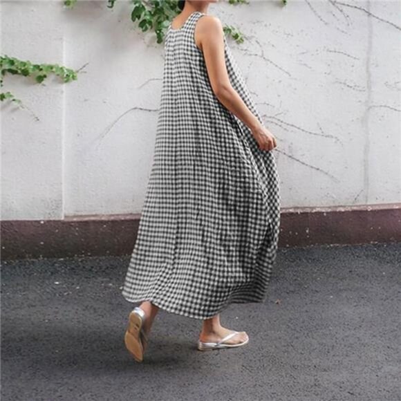 Women's Casual Loose-Fit Cotton and Linen Plaid Tank Maxi Dress - Picture 3 of 16